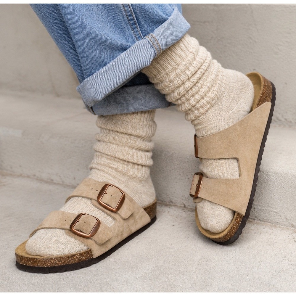 Viking Chatham Beige Suede Big Buckle Cork Footbed Slides Womens Sandals Sz 39/8